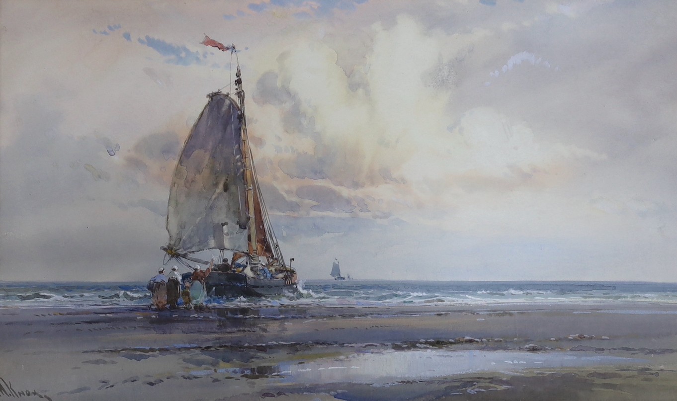 William Knox (1862-1925), watercolour and gouache, Dutch fishing boats, signed, 29 x 48cm